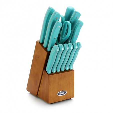 Oster Evansville Stainless Steel Blade Cutlery Set with Plastic Handles, Turquoise - 14 Piece OS336118
